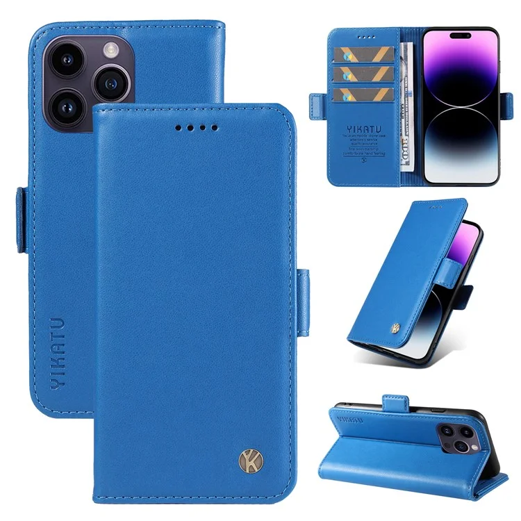 YIKATU YK-003 Für iPhone 14 Pro Max PU Leder Handyhülle Brieftasche Stand Stoßfest Hülle - Himmelblau