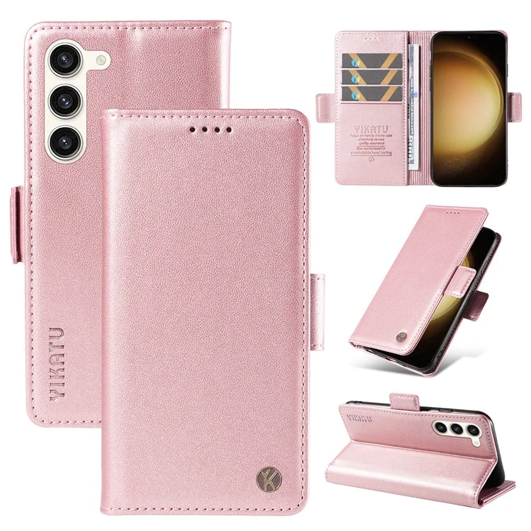 Funda de cuero sintético Flip Cover para Samsung Galaxy S23+ con soporte, color dorado rosa