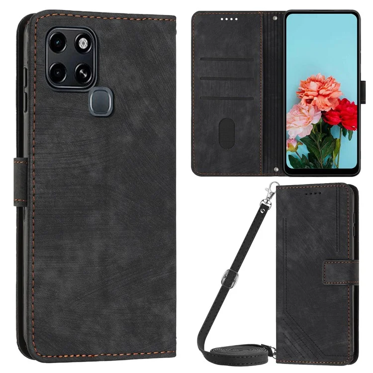 Stand Phone Shell para Infinix Smart 6, Capa Carteira de Couro PU de Toque de Pele com Linhas Impressas - Preto