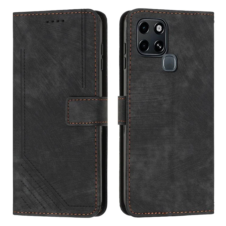 Stand Phone Shell para Infinix Smart 6, Capa Carteira de Couro PU de Toque de Pele com Linhas Impressas - Preto