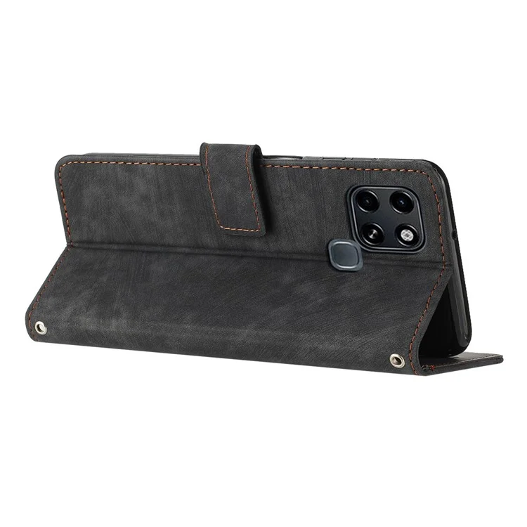 Stand Phone Shell para Infinix Smart 6, Capa Carteira de Couro PU de Toque de Pele com Linhas Impressas - Preto