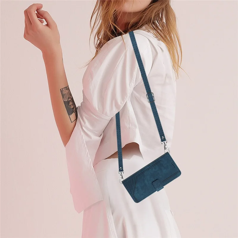 For TECNO Camon 19 Neo 4G PU Leather Phone Case Wallet Stand Lines Imprinted Flip Protective Cover - Sapphire