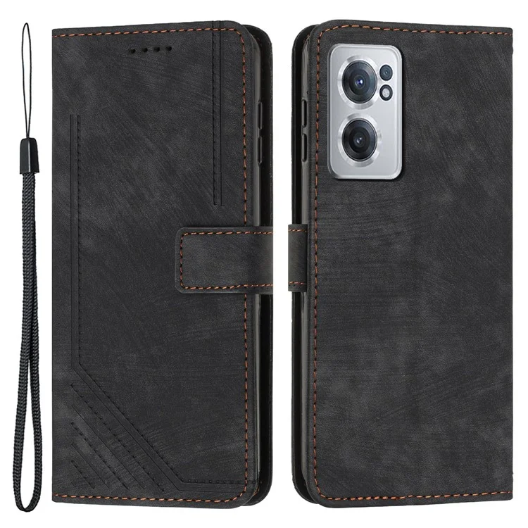 For OnePlus Nord CE 2 5G Anti-Fingerprint Phone Cover Flip Stand Imprint Lines PU Leather Wallet Skin-touch Phone Case - Black