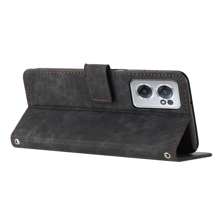For OnePlus Nord CE 2 5G Anti-Fingerprint Phone Cover Flip Stand Imprint Lines PU Leather Wallet Skin-touch Phone Case - Black