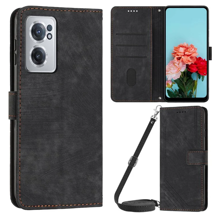 For OnePlus Nord CE 2 5G Imprinted Lines Stand Cell Phone Cover PU Leather Wallet Skin-touch Phone Case with Straps - Black