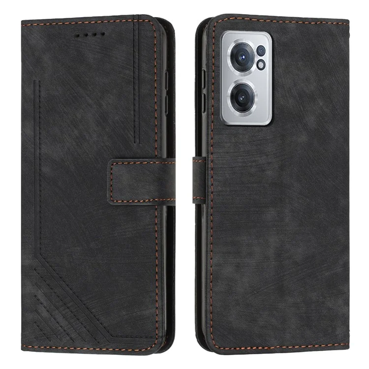 For OnePlus Nord CE 2 5G Imprinted Lines Stand Cell Phone Cover PU Leather Wallet Skin-touch Phone Case with Straps - Black