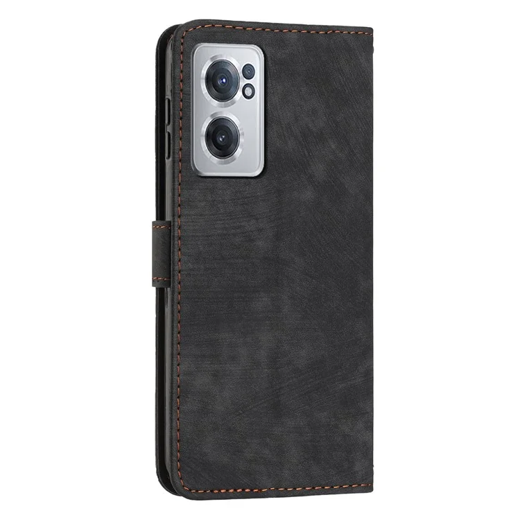 For OnePlus Nord CE 2 5G Imprinted Lines Stand Cell Phone Cover PU Leather Wallet Skin-touch Phone Case with Straps - Black