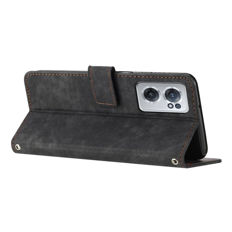 For OnePlus Nord CE 2 5G Imprinted Lines Stand Cell Phone Cover PU Leather Wallet Skin-touch Phone Case with Straps - Black