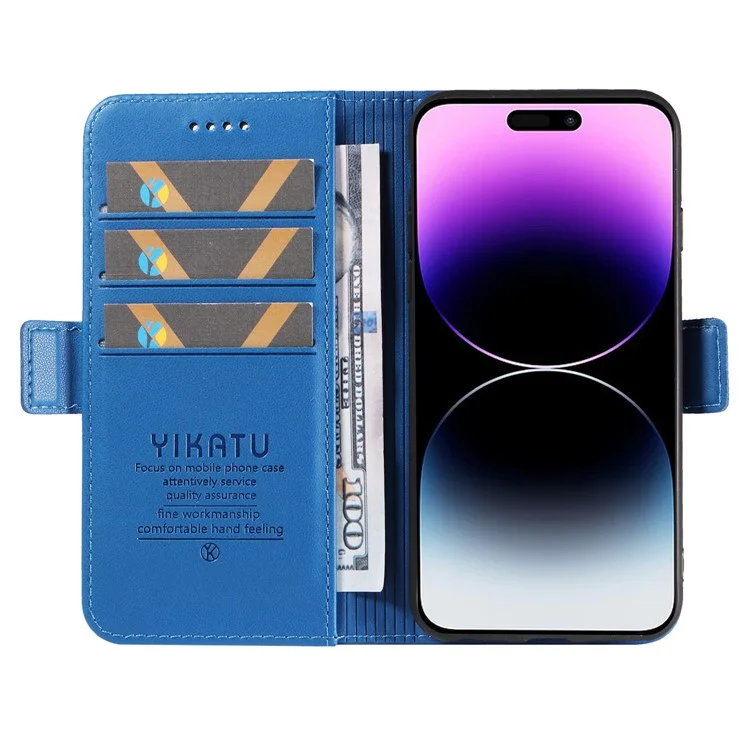 YIKATU YK-003 Étui à rabat en cuir PU pour iPhone 14 Pro, étui portefeuille, coque de téléphone anti-chute - bleu ciel 