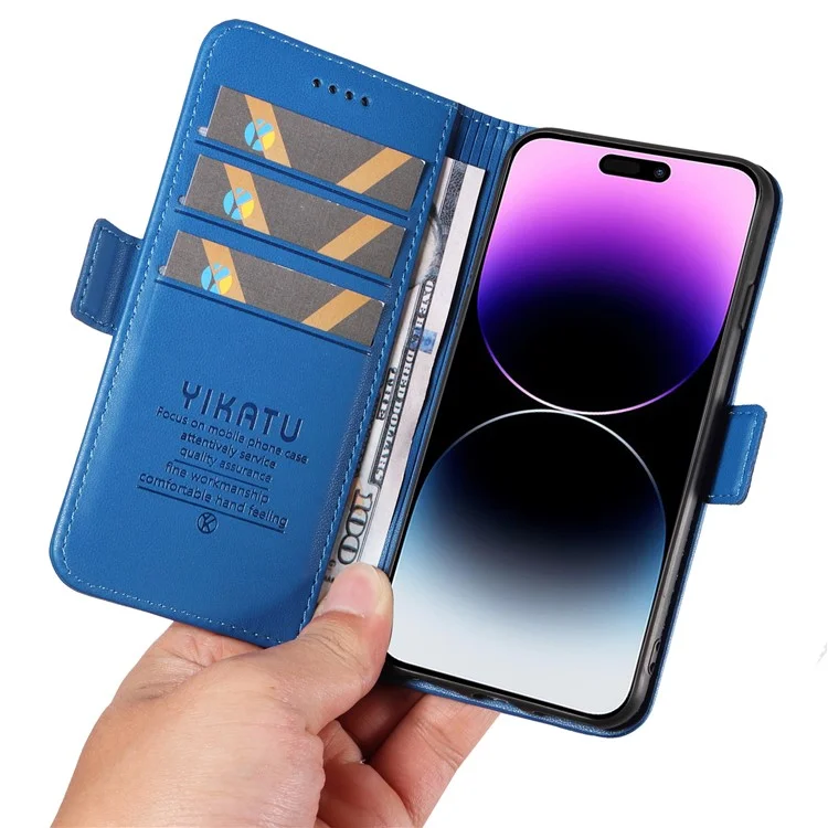 YIKATU YK-003 Étui à rabat en cuir PU pour iPhone 14 Pro, étui portefeuille, coque de téléphone anti-chute - bleu ciel 