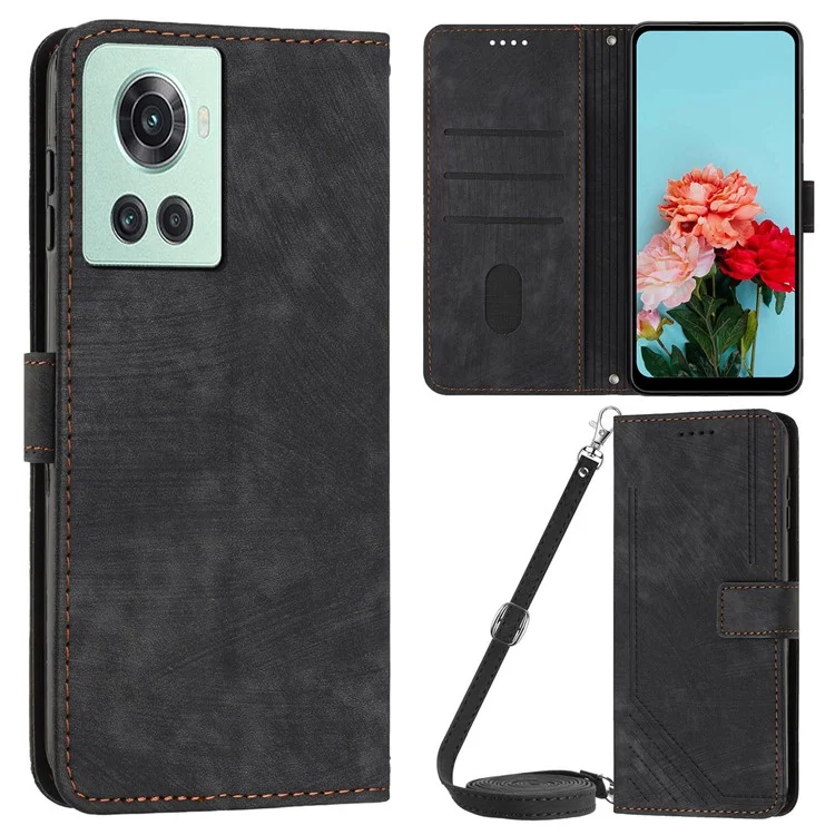 PU Leather Phone Stand Cover for OnePlus Ace 5G , Anti-Scratch Imprinted Lines Wallet Phone Case with Straps - Black