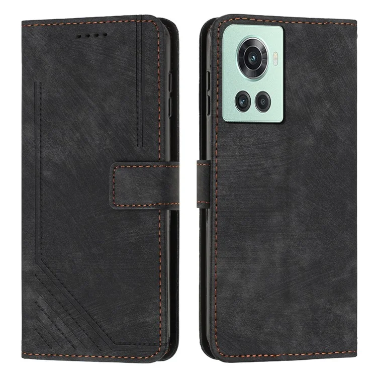 PU Leather Phone Stand Cover for OnePlus Ace 5G , Anti-Scratch Imprinted Lines Wallet Phone Case with Straps - Black