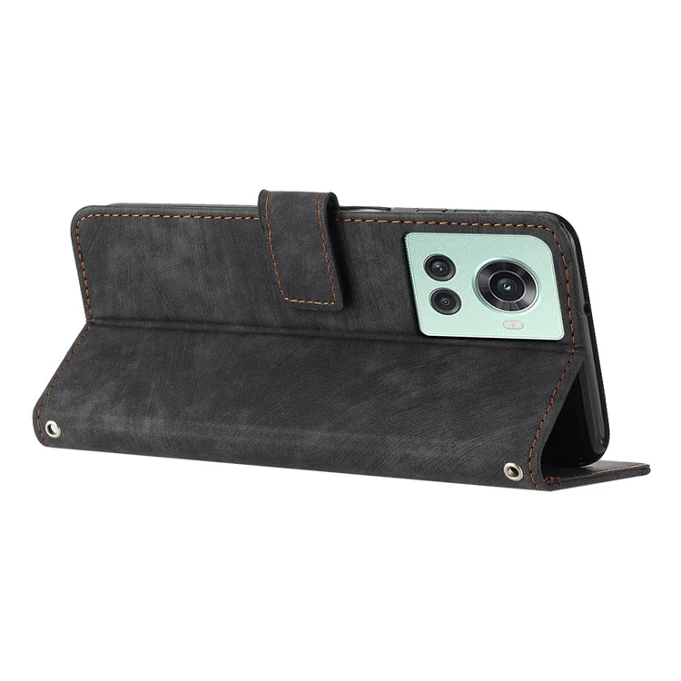 PU Leather Phone Stand Cover for OnePlus Ace 5G , Anti-Scratch Imprinted Lines Wallet Phone Case with Straps - Black
