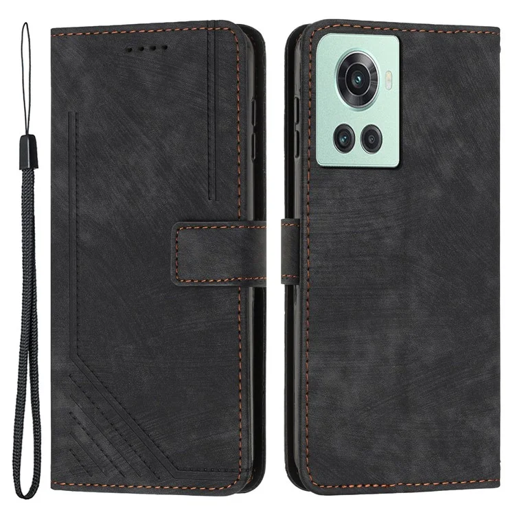 For OnePlus Ace 5G Cell Phone Cover Flip Stand Imprinted Lines Skin-touch Feeling PU Leather Wallet Phone Shell - Black