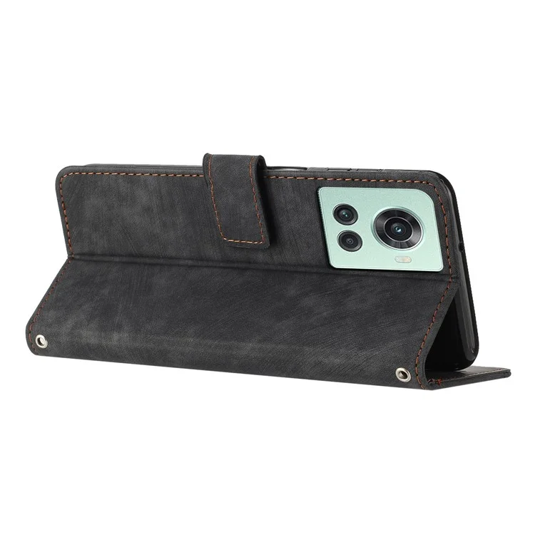 For OnePlus Ace 5G Cell Phone Cover Flip Stand Imprinted Lines Skin-touch Feeling PU Leather Wallet Phone Shell - Black