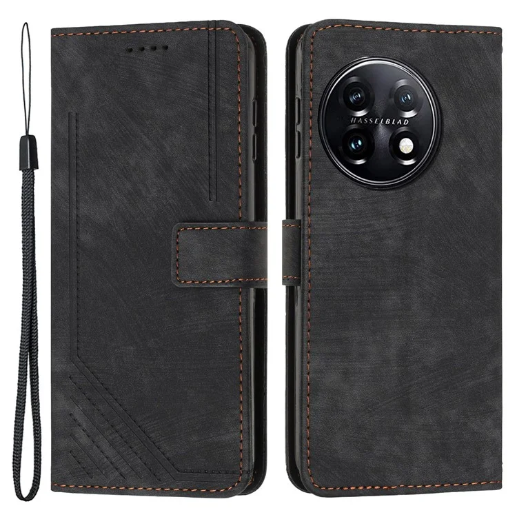 Para OnePlus 11 5G Funda de teléfono a prueba de golpes Toque de piel PU con líneas impresas - Negro
