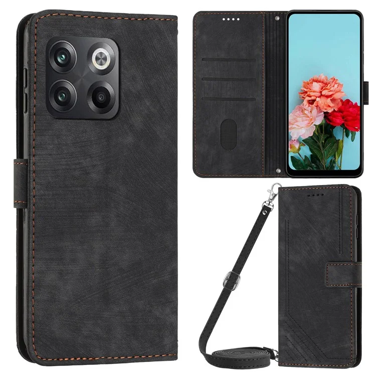 Für OnePlus Ace Pro 5G / 10T 5G Wallet Phone Stand Case Lines Imprinted PU Leather Cover mit Riemen - Schwarz