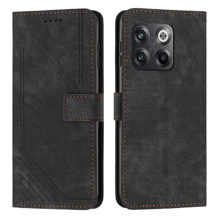 Für OnePlus Ace Pro 5G / 10T 5G Wallet Phone Stand Case Lines Imprinted PU Leather Cover mit Riemen - Schwarz