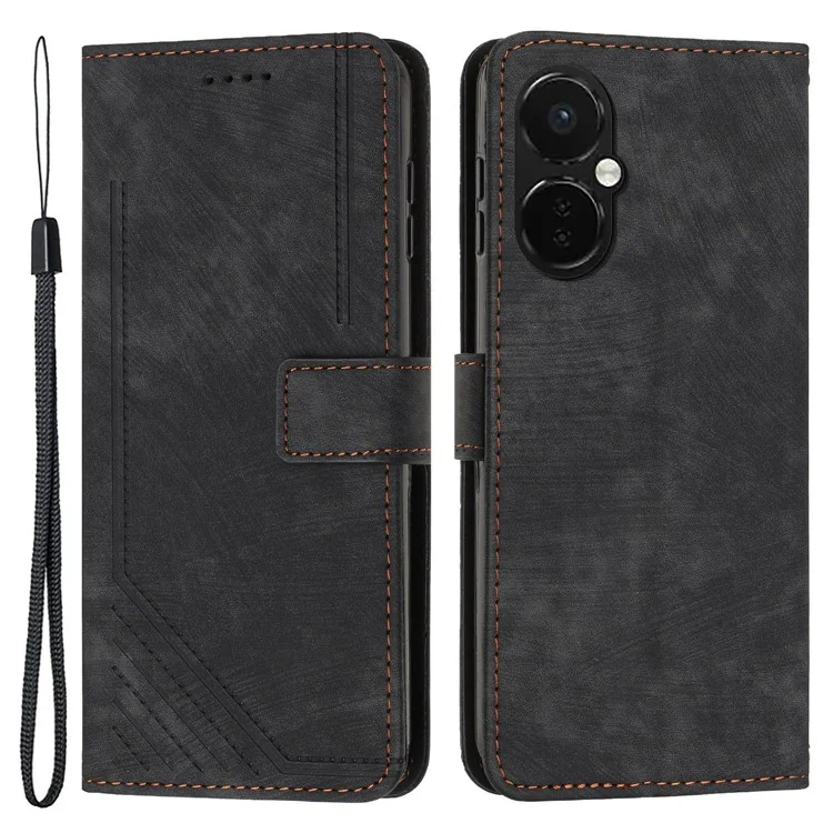 Flip Stand Phone Case for OnePlus Nord CE3 5G , Imprint Lines PU Leather Skin-touch Phone Cover Wallet - Black