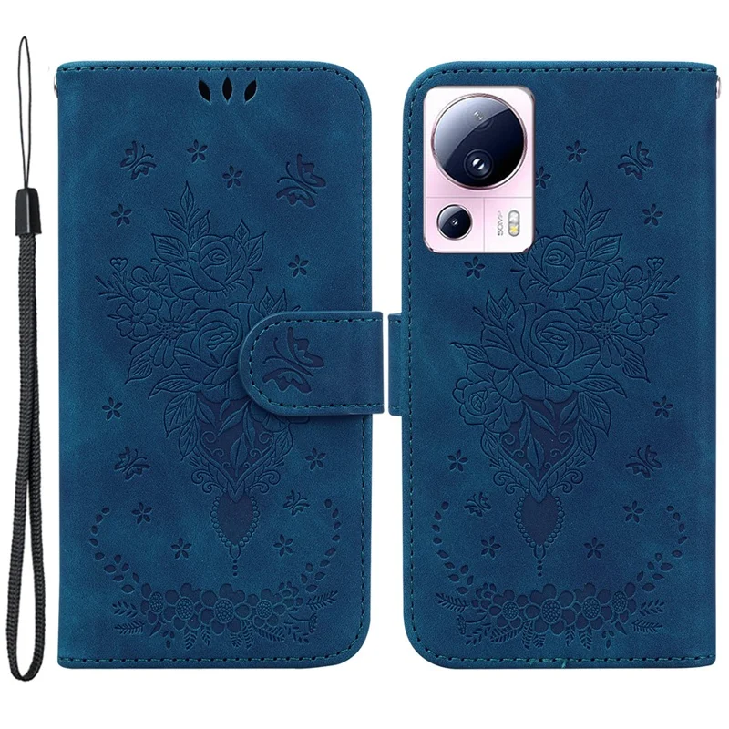 For Xiaomi 13 Lite / Civi 2 5G PU Leather Wallet Phone Case Imprinted Rose Butterfly Stand Cover - Blue