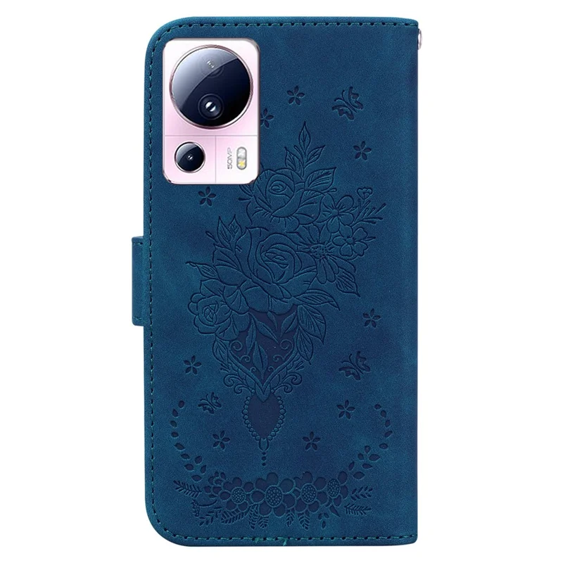 For Xiaomi 13 Lite / Civi 2 5G PU Leather Wallet Phone Case Imprinted Rose Butterfly Stand Cover - Blue