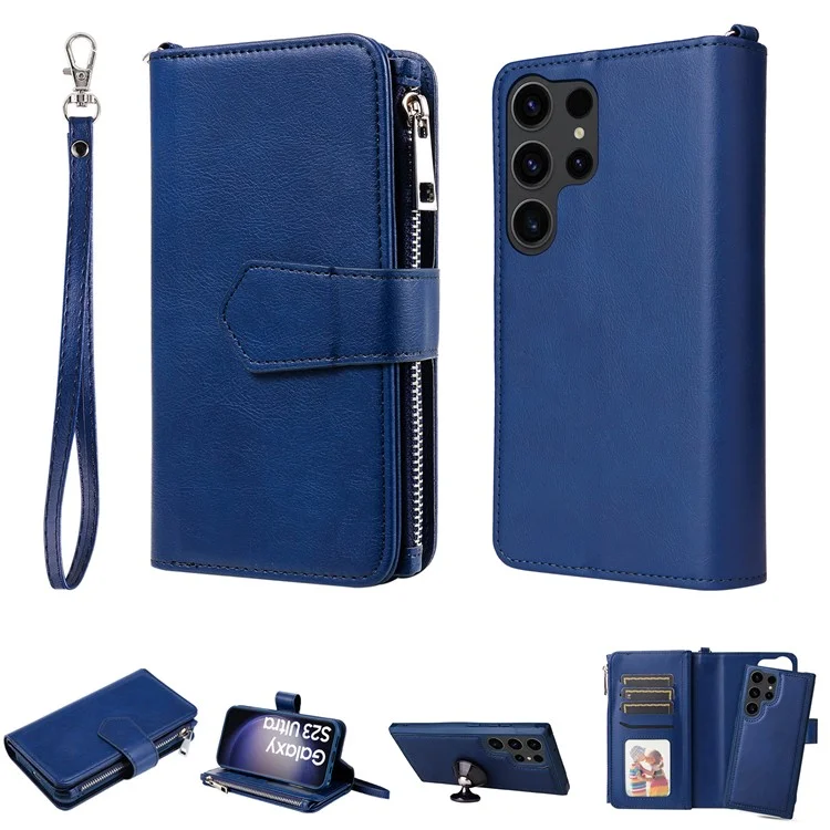 KT Multi-functional Series-4 Zipper Wallet Phone Case for Samsung Galaxy S23 Ultra , PU Leather Stand Detachable Flip Cover - Blue