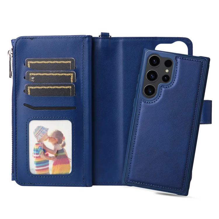 KT Multi-functional Series-4 Zipper Wallet Phone Case for Samsung Galaxy S23 Ultra , PU Leather Stand Detachable Flip Cover - Blue