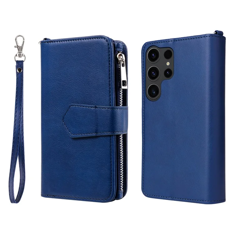 KT Multi-functional Series-4 Zipper Wallet Phone Case for Samsung Galaxy S23 Ultra , PU Leather Stand Detachable Flip Cover - Blue