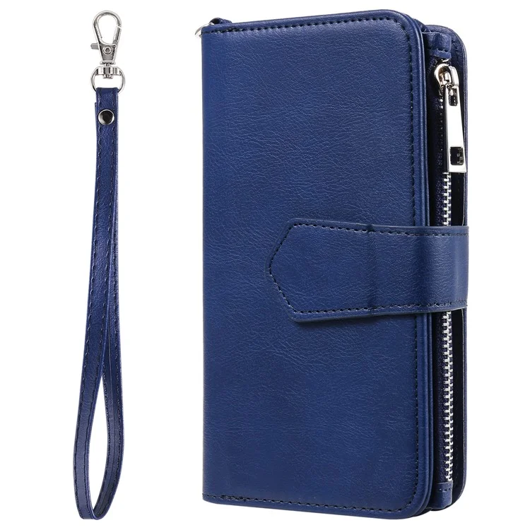 KT Multi-functional Series-4 Zipper Wallet Phone Case for Samsung Galaxy S23 Ultra , PU Leather Stand Detachable Flip Cover - Blue