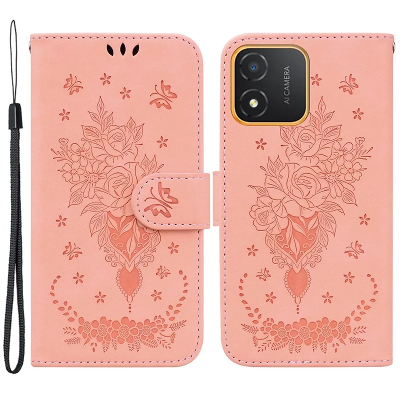 For Honor X5 4G TPU+PU Leather Phone Shell Rose Butterfly Imprinted Stand Wallet Phone Stand Case - Pink