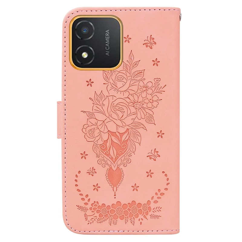 For Honor X5 4G TPU+PU Leather Phone Shell Rose Butterfly Imprinted Stand Wallet Phone Stand Case - Pink