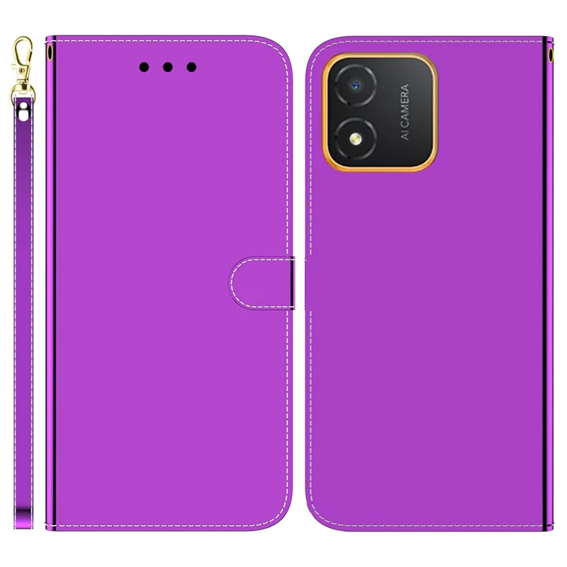 Phone Wallet Case for Honor X5 4G Mirror-Like Surface PU Leather Flip Stand Cover with Strap - Purple