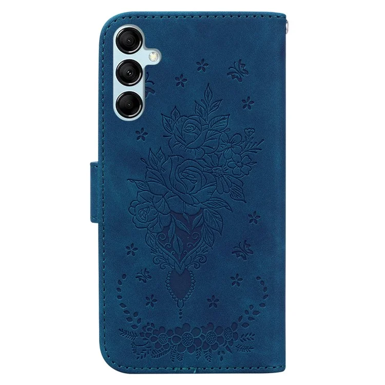 Кожаный бумажник-подставка для телефона для Samsung Galaxy M14 5G, с узором из роз и бабочек на чехле - синий