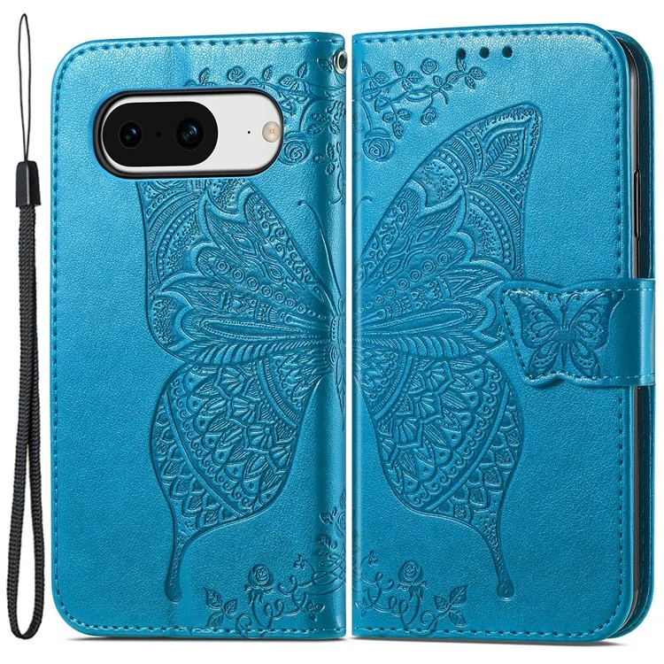 Pour Google Pixel 8 Butterfly Imprint Leather Wallet Cover Shockproof Phone Case with Stand - Bleu