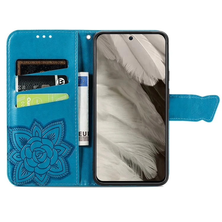 Pour Google Pixel 8 Butterfly Imprint Leather Wallet Cover Shockproof Phone Case with Stand - Bleu