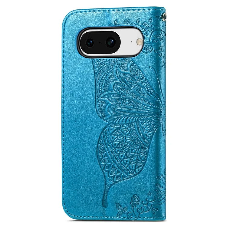 Pour Google Pixel 8 Butterfly Imprint Leather Wallet Cover Shockproof Phone Case with Stand - Bleu