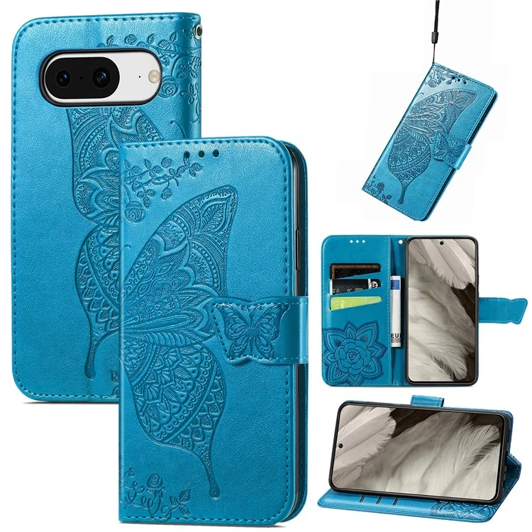 Pour Google Pixel 8 Butterfly Imprint Leather Wallet Cover Shockproof Phone Case with Stand - Bleu