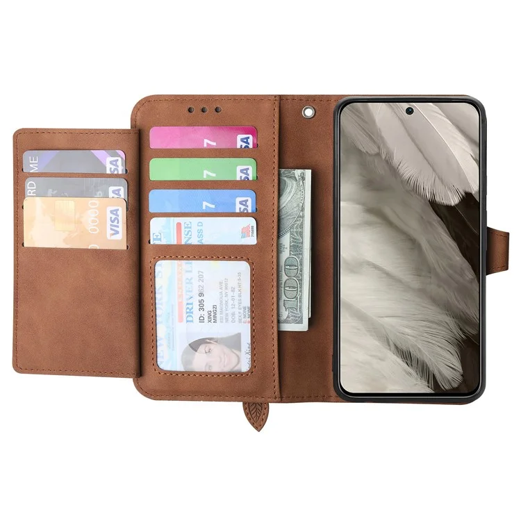Pour Google Pixel 8 Zipper Pocket Phone Leather Case Flower Imprinted Stand Wallet Cover - Brun