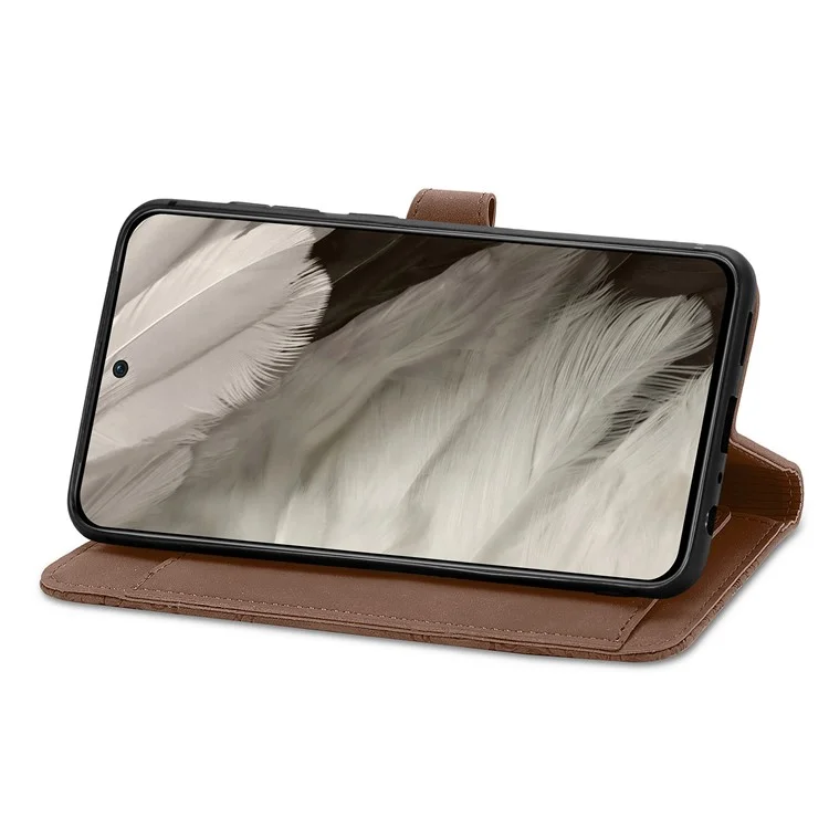 Pour Google Pixel 8 Zipper Pocket Phone Leather Case Flower Imprinted Stand Wallet Cover - Brun