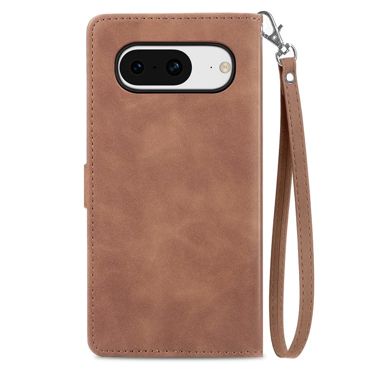 Pour Google Pixel 8 Zipper Pocket Phone Leather Case Flower Imprinted Stand Wallet Cover - Brun