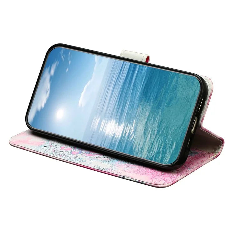 Für Motorola Moto E13 4G PU-Leder Muster Bedruckt Handyhülle Brieftasche Stand Klapp Folio Schutzhülle - Rosa Meer Wasser