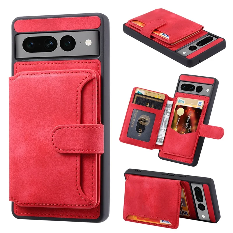 Shockproof RFID Blocking Case for Google Pixel 7 Pro 5G PU Leather TPU Phone Shell with Card Holder, Kickstand - Red