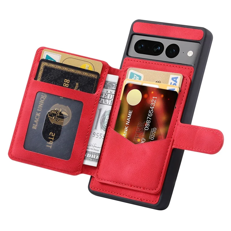 Shockproof RFID Blocking Case for Google Pixel 7 Pro 5G PU Leather TPU Phone Shell with Card Holder, Kickstand - Red