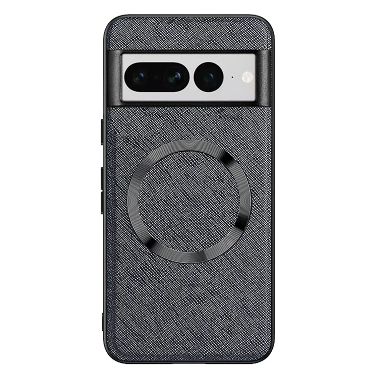 For Google Pixel 7 Pro 5G Magnetic Case Cross Texture Leather Coated TPU Anti-drop Phone Cover - Black
