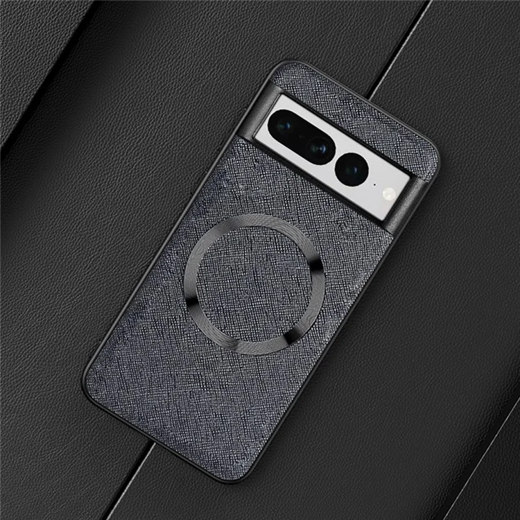 For Google Pixel 7 Pro 5G Magnetic Case Cross Texture Leather Coated TPU Anti-drop Phone Cover - Black