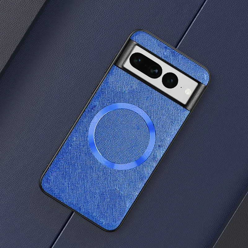 For Google Pixel 7 Pro 5G Magnetic Case Cross Texture Leather Coated TPU Anti-drop Phone Cover - Blue