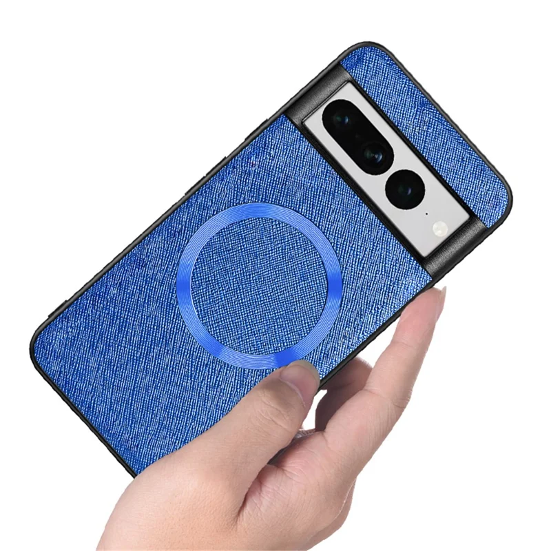 For Google Pixel 7 Pro 5G Magnetic Case Cross Texture Leather Coated TPU Anti-drop Phone Cover - Blue