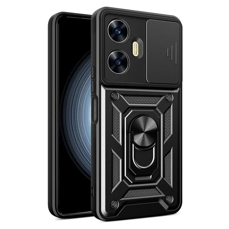 For Realme C55 4G Kickstand Phone Case Slide Camera Protection PC+TPU Car Mount Phone Cover - Black