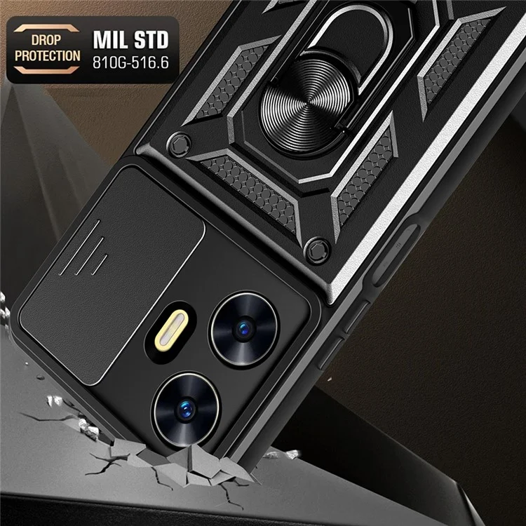 For Realme C55 4G Kickstand Phone Case Slide Camera Protection PC+TPU Car Mount Phone Cover - Black