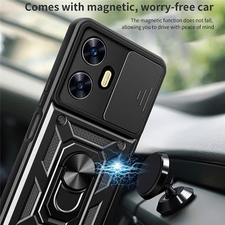 For Realme C55 4G Kickstand Phone Case Slide Camera Protection PC+TPU Car Mount Phone Cover - Black